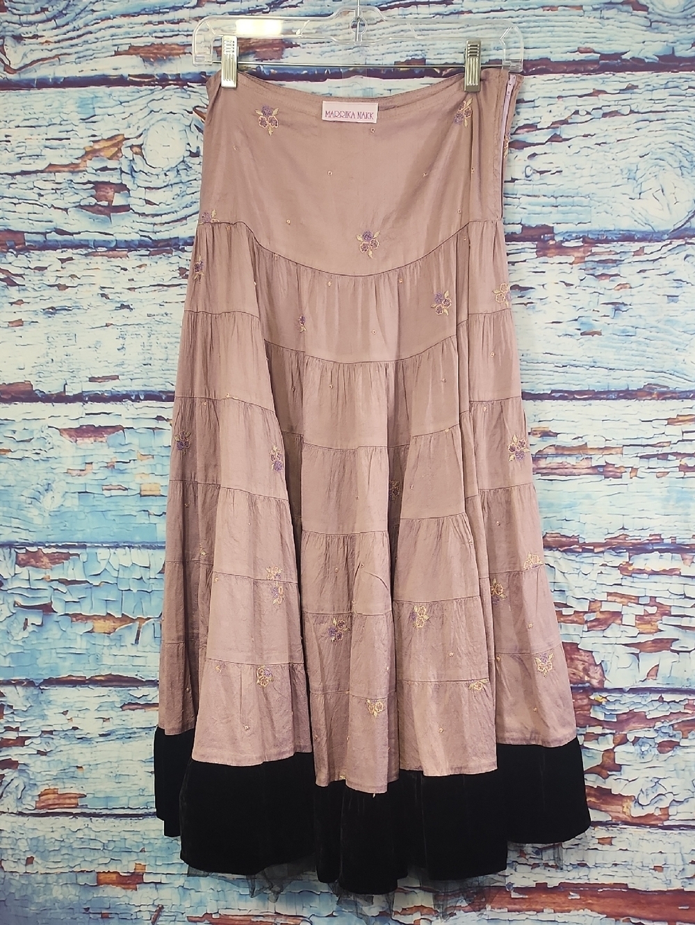 Mauve Tiered Maxi Skirt with Black Velvet Trim
